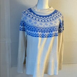 Tahari Womens Blue/Cream Fair Isle L/S  Mock Neck Pullover Knit Sweater Sz L